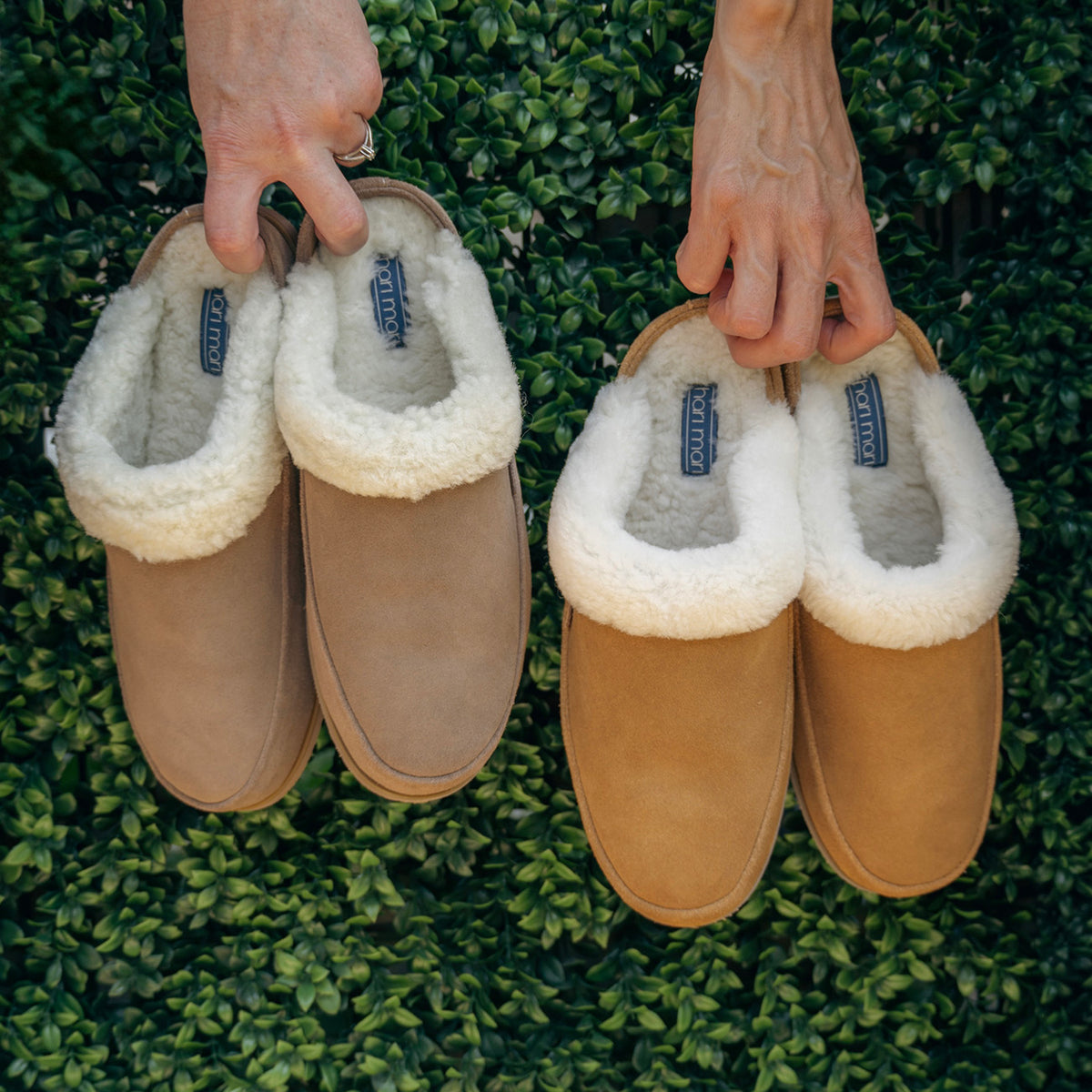 Two pairs of taupe and tan Hari Mari slippers with cream plush lining held against a green hedge.