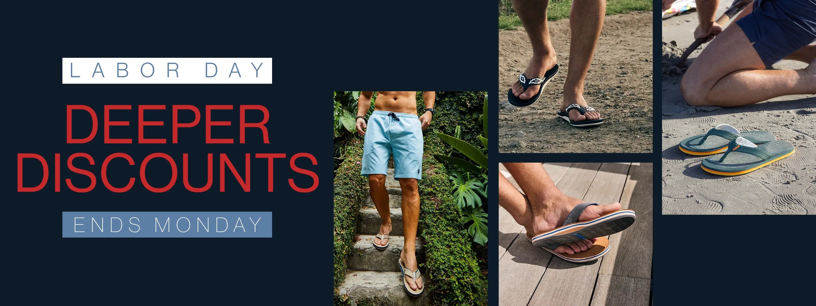 Labor Day promotional banner with the text 'LABOR DAY DEEPER DISCOUNTS ENDS MONDAY' alongside a collage of people wearing and using flip-flops in outdoor and beach settings.