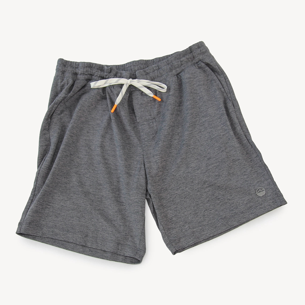 A pair of heather gray athletic shorts for men with a white drawstring and orange tips, laid flat on a light off-white background.