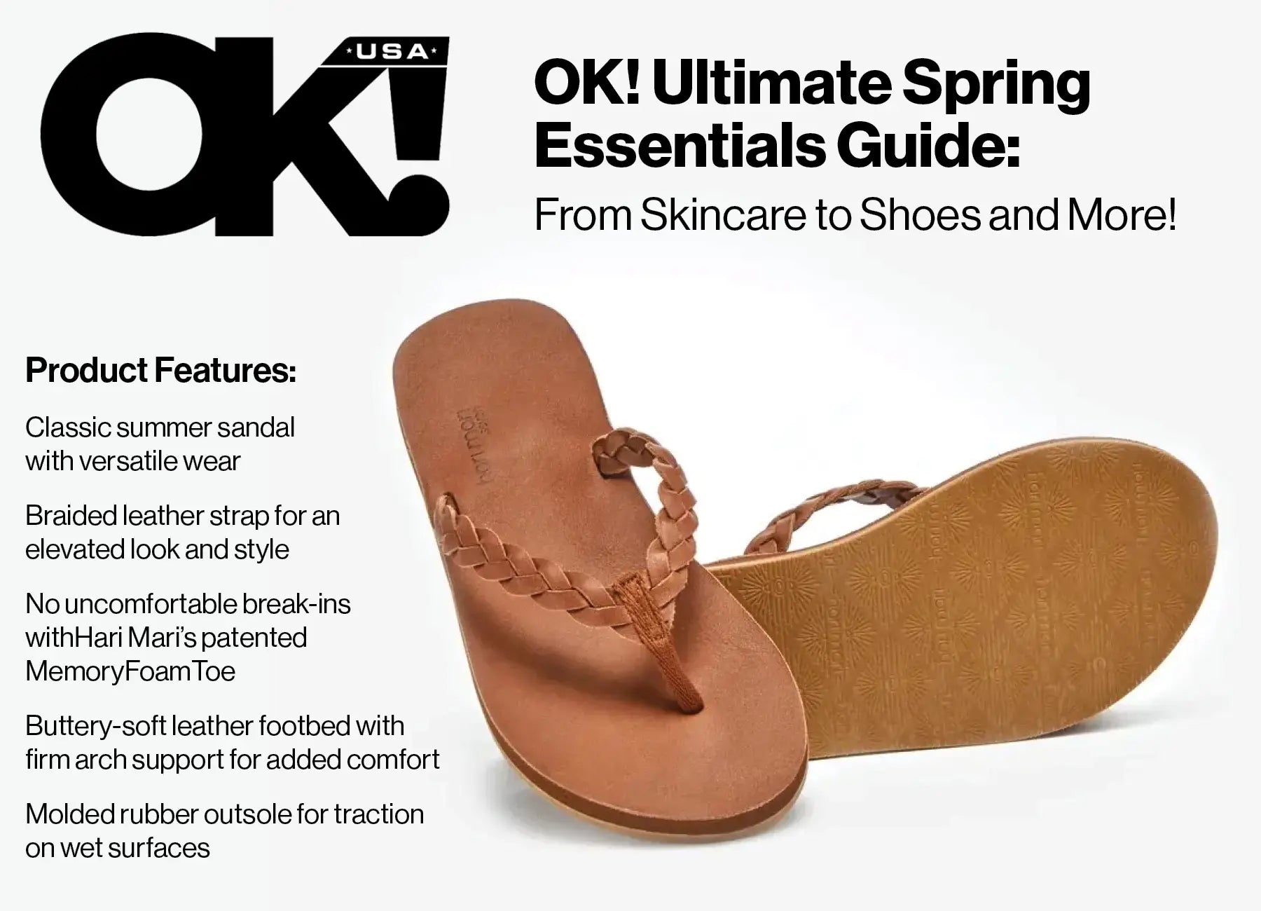 Brown flip flops with braided leather strap on a white background, featuring OK! magazine's Ultimate Spring Essentials Guide.