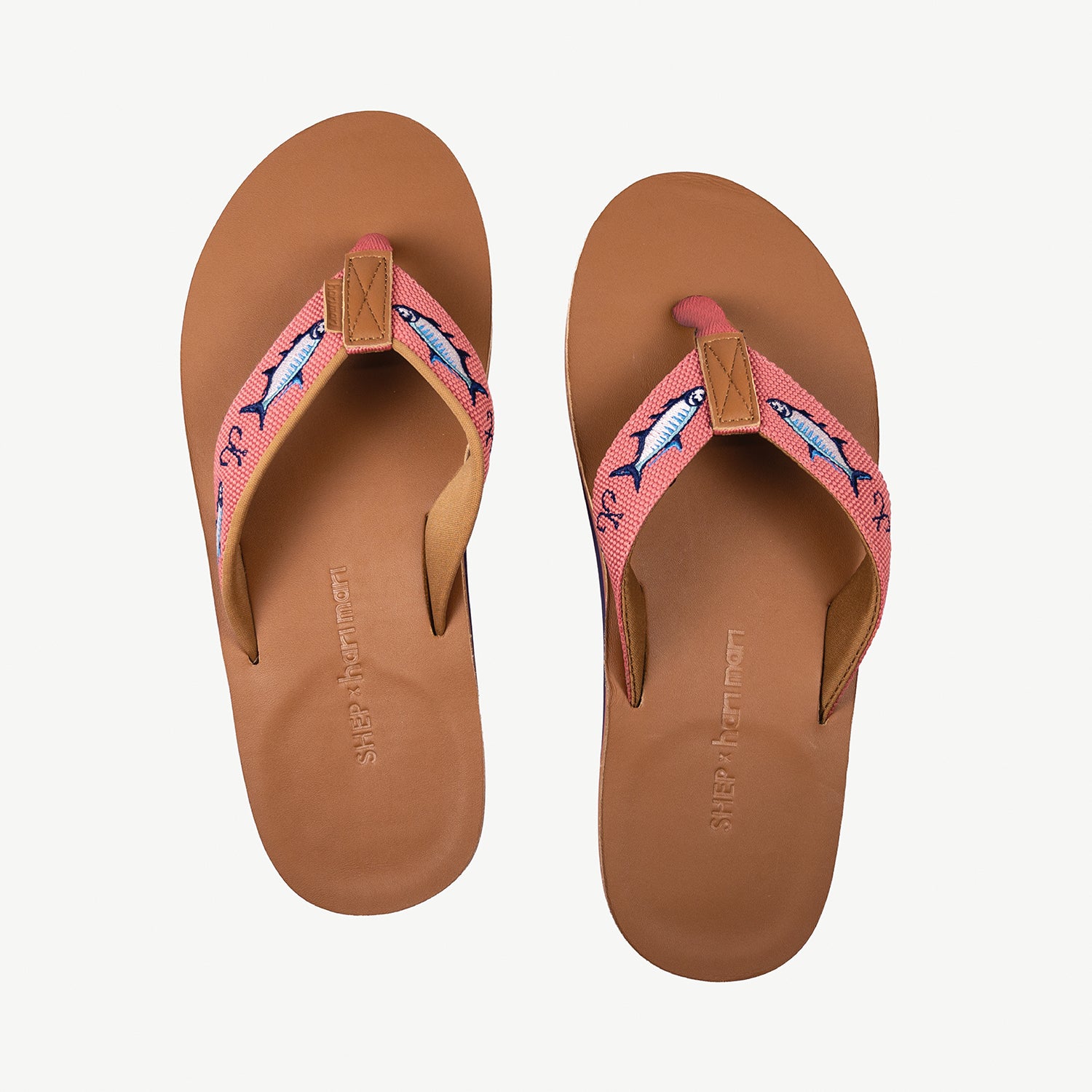 Red Shep x Hari Mari men's leather flip flops with fish and fish hooks