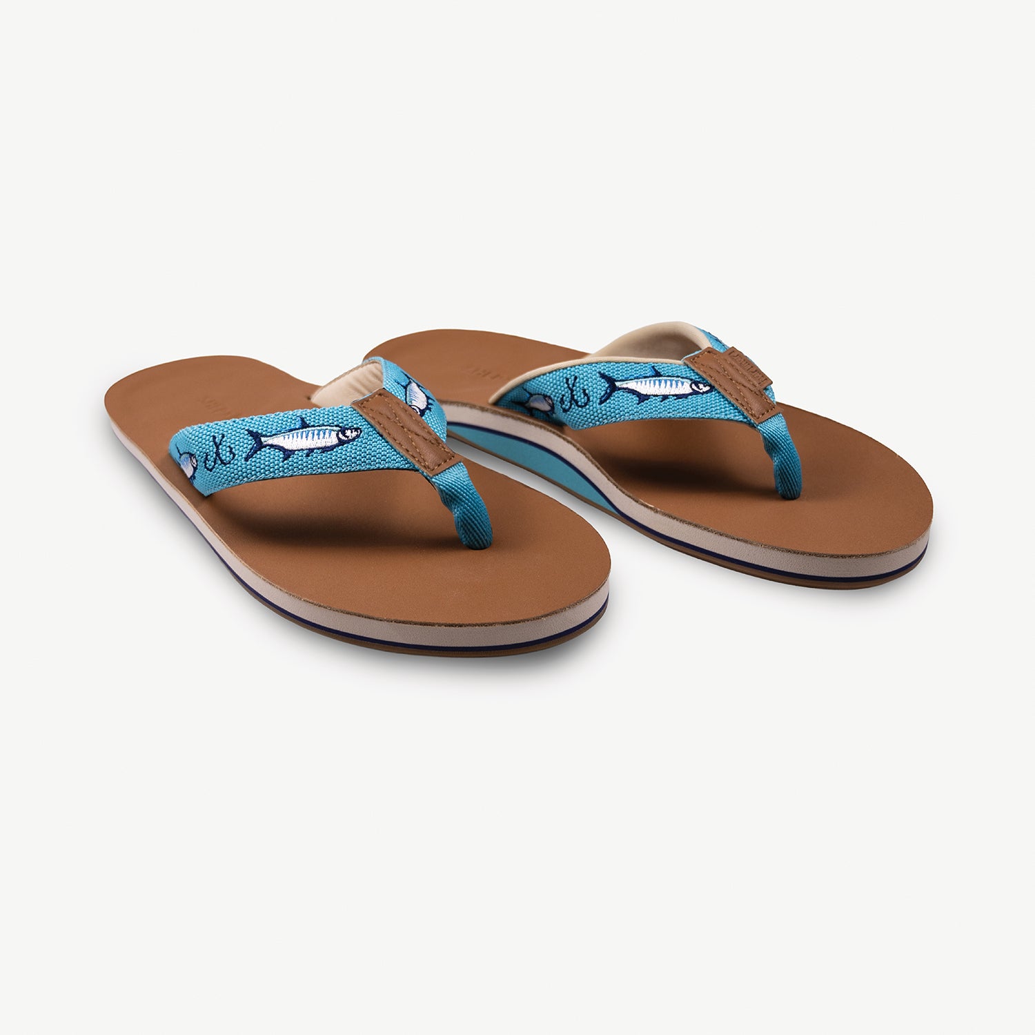 blue Shep x Hari Mari men's leather flip flops with fish and fish hooks
