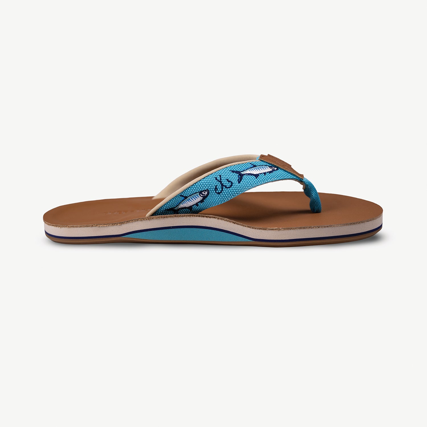 blue Shep x Hari Mari men's leather flip flops with fish and fish hooks