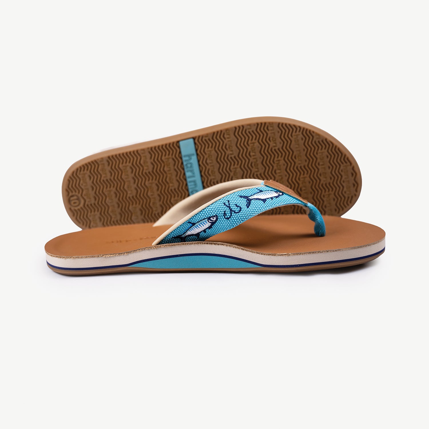 blue Shep x Hari Mari men's leather flip flops with fish and fish hooks