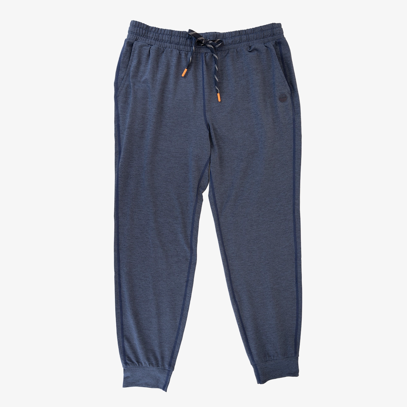 A pair of heathered navy blue jogger pants with an elastic waistband, black drawstring, and orange accent tips, shown against a plain white background.