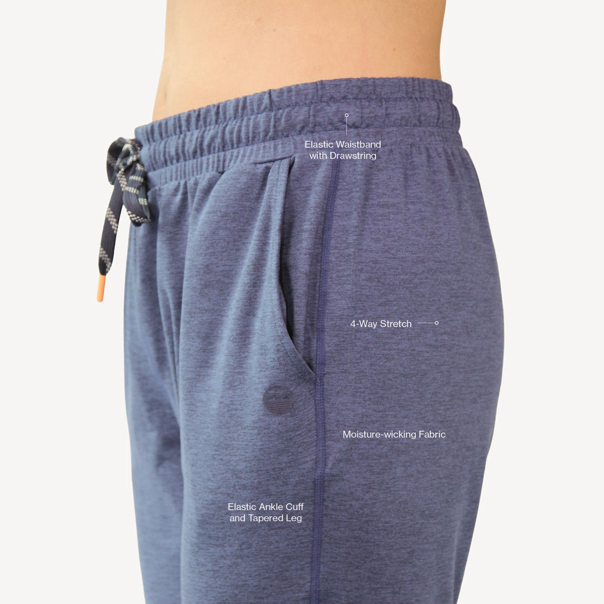Close-up of a person wearing heathered blue sweatpants with white text callouts highlighting features like elastic waistband with drawstring, 4 way stretch, moisture-wicking fabric, elastic ankle cuff, and tapered leg.