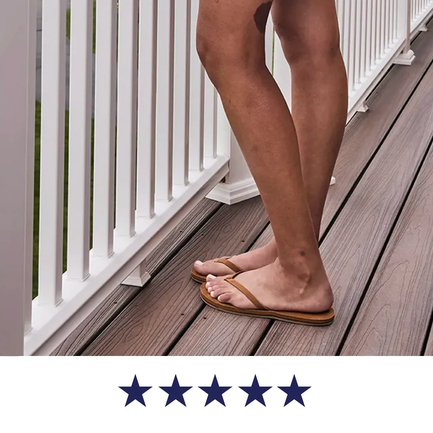 a closeup of a woman's feet wearing Hari Mari flip flops, with a white bar and 5 stars at the bottom of the image