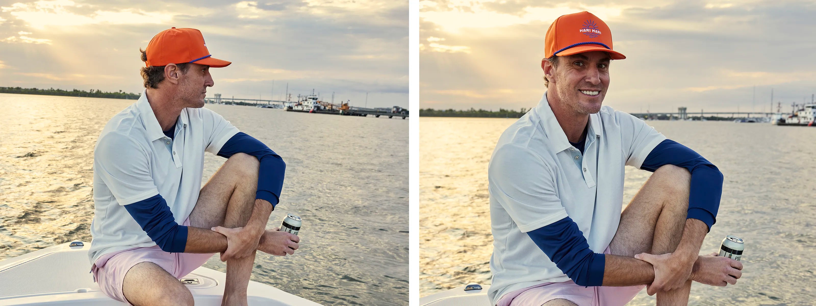 Shep Rose on a boat wearing a Hari Mari hat