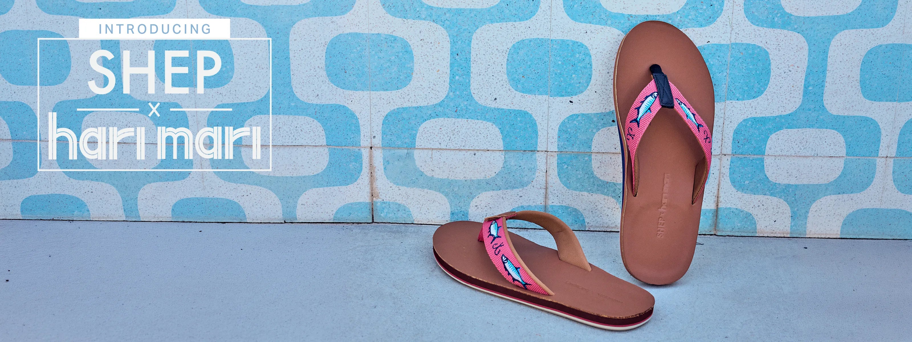 close up of Shep x Hari Mari flip flops with embroidered fish on the straps
