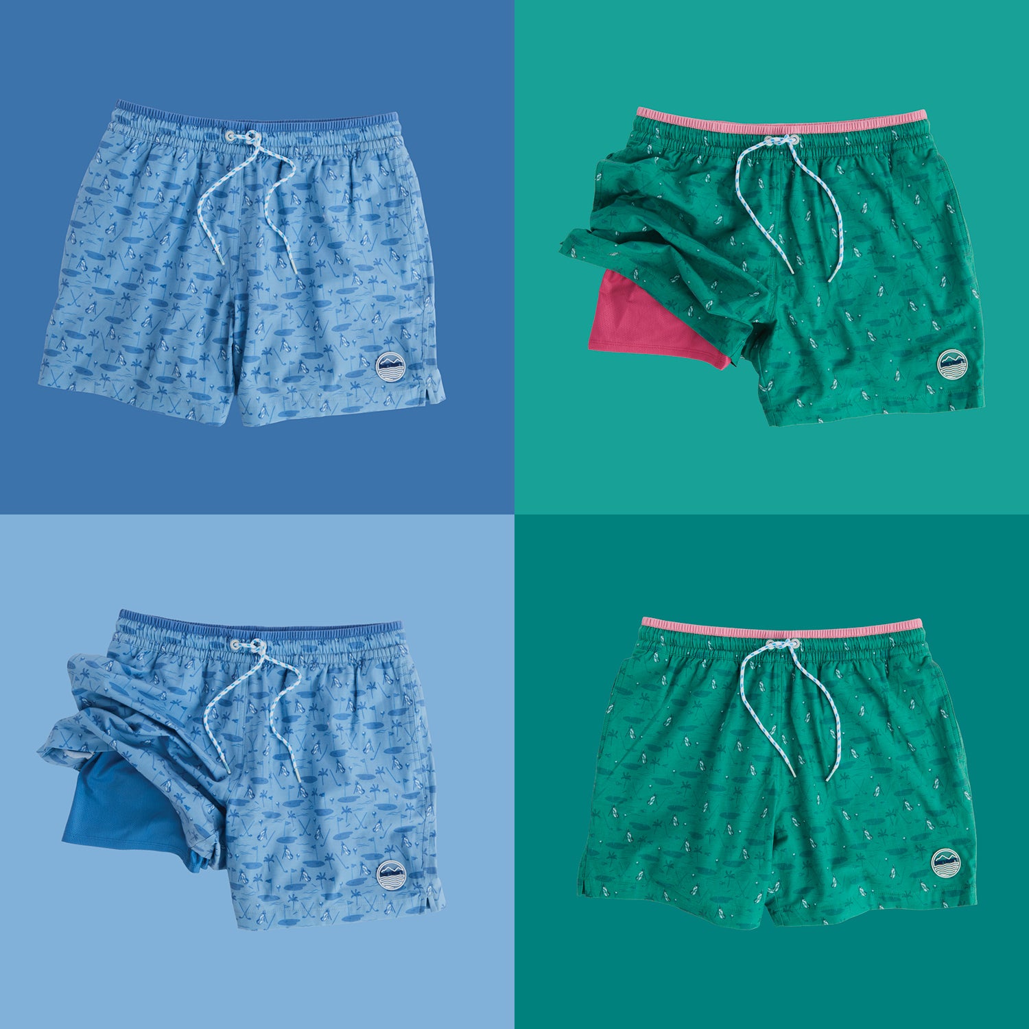 Four pairs of Hari Mari swim trunks in blue and green on a split blue and green background.