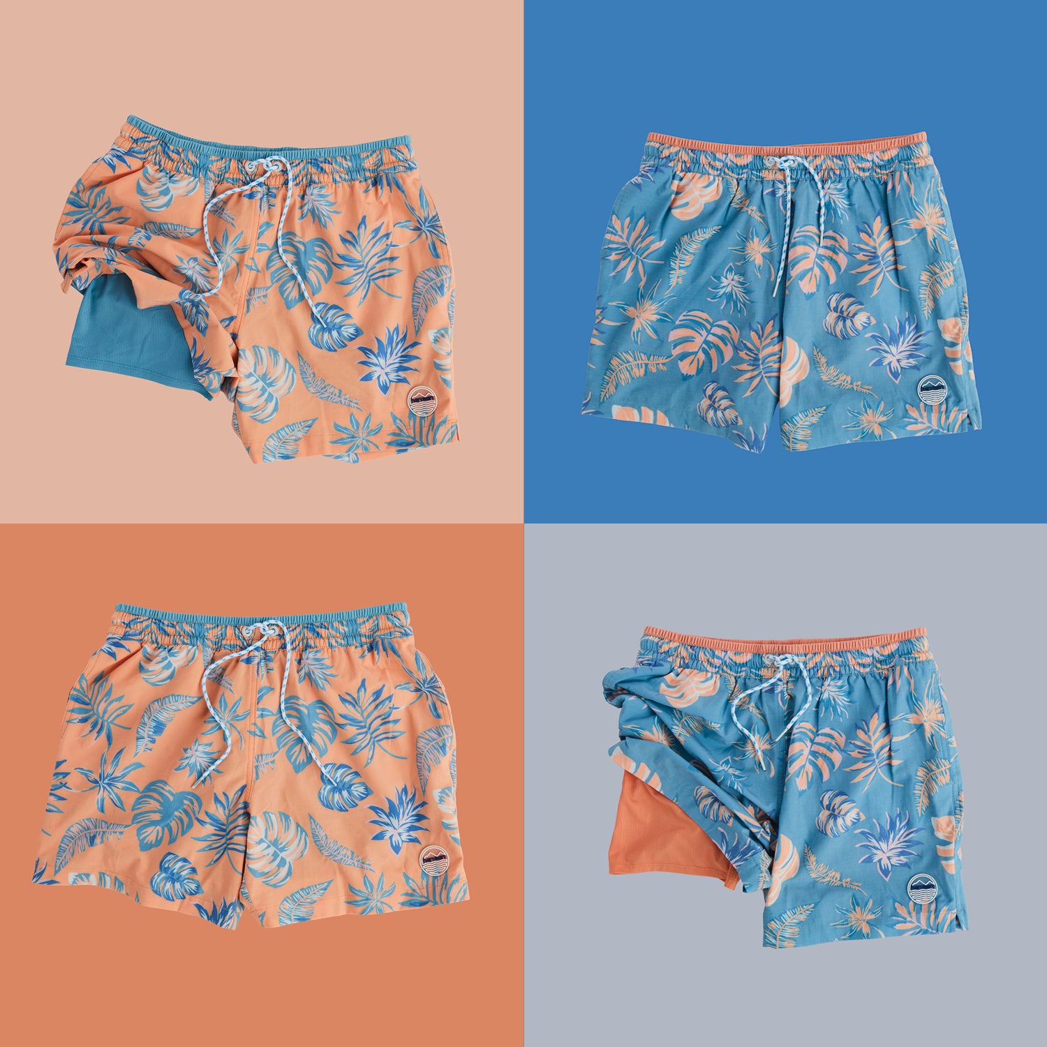 Four pairs of Hari Mari swim trunks on a divided background with different colors.