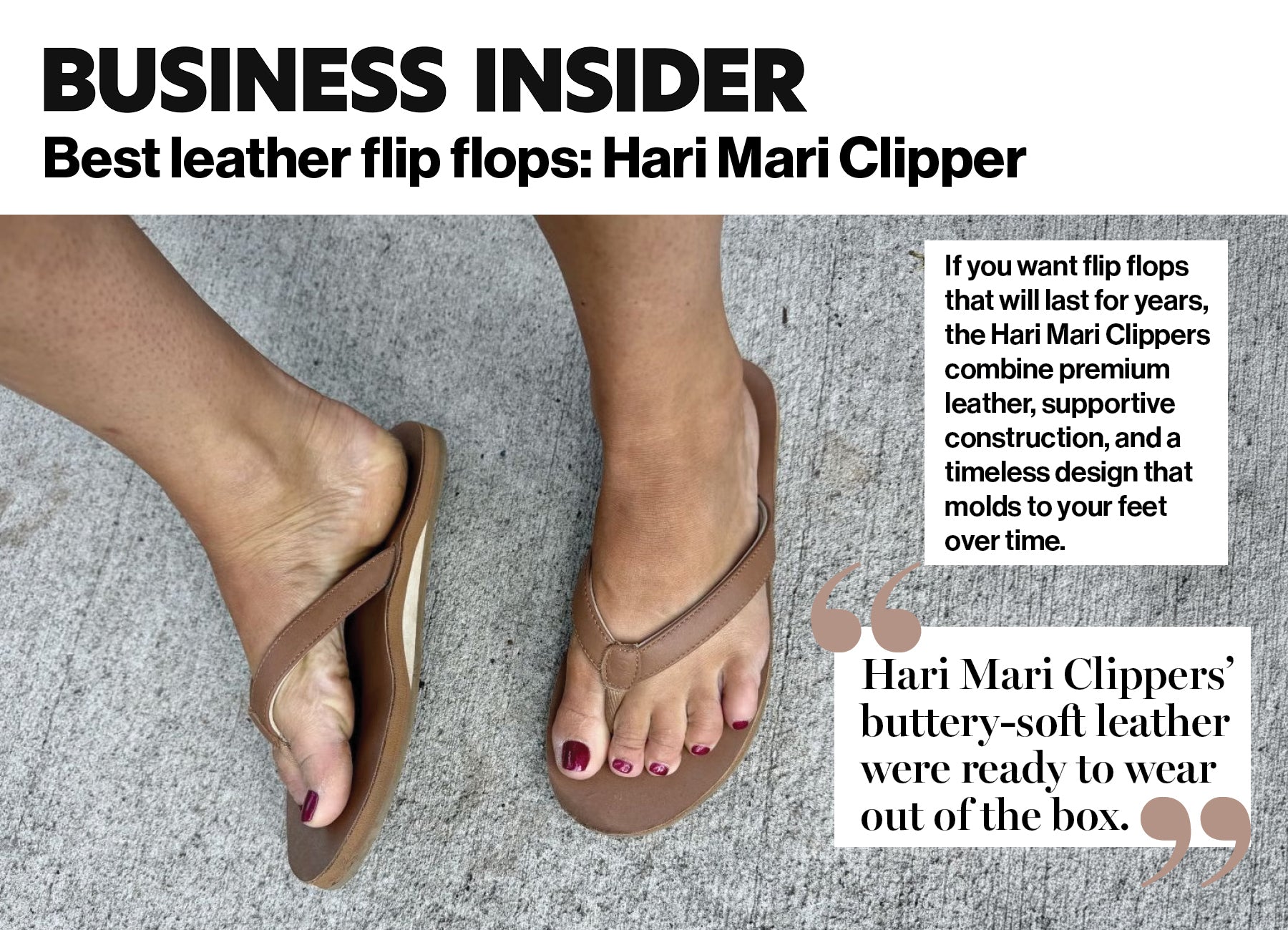 A promotional image showcasing Hari Mari flip flops, which were featured in Business Insider as the Best Leather Flip Flops.