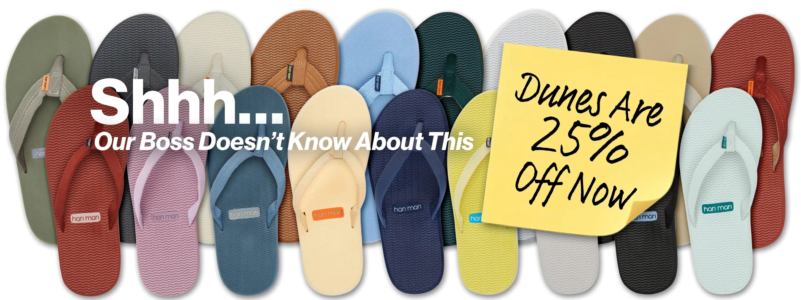 Row of colorful Hari Mari flip flops with a yellow sticky note indicating a discount offer 25%