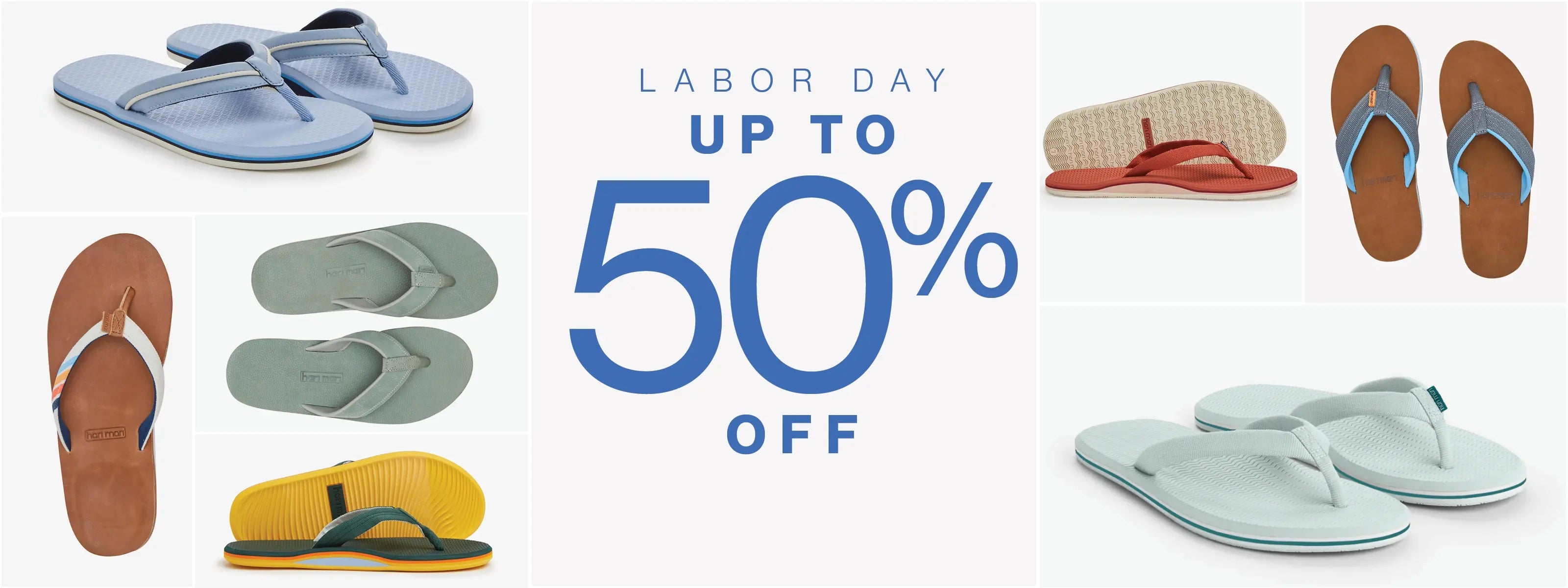 Labor Day up to 50% off promotional banner showing multiple pairs of flip-flop sandals in different colors on a light gray background.