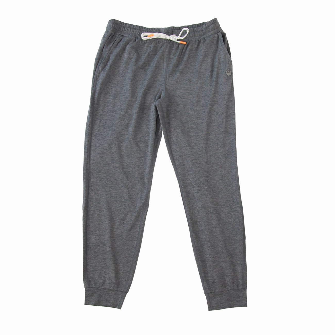 A pair of Hari Mari dark heather gray joggers for men with an elastic waistband, white drawstring, and ribbed ankle cuffs, shown flat on a white background.