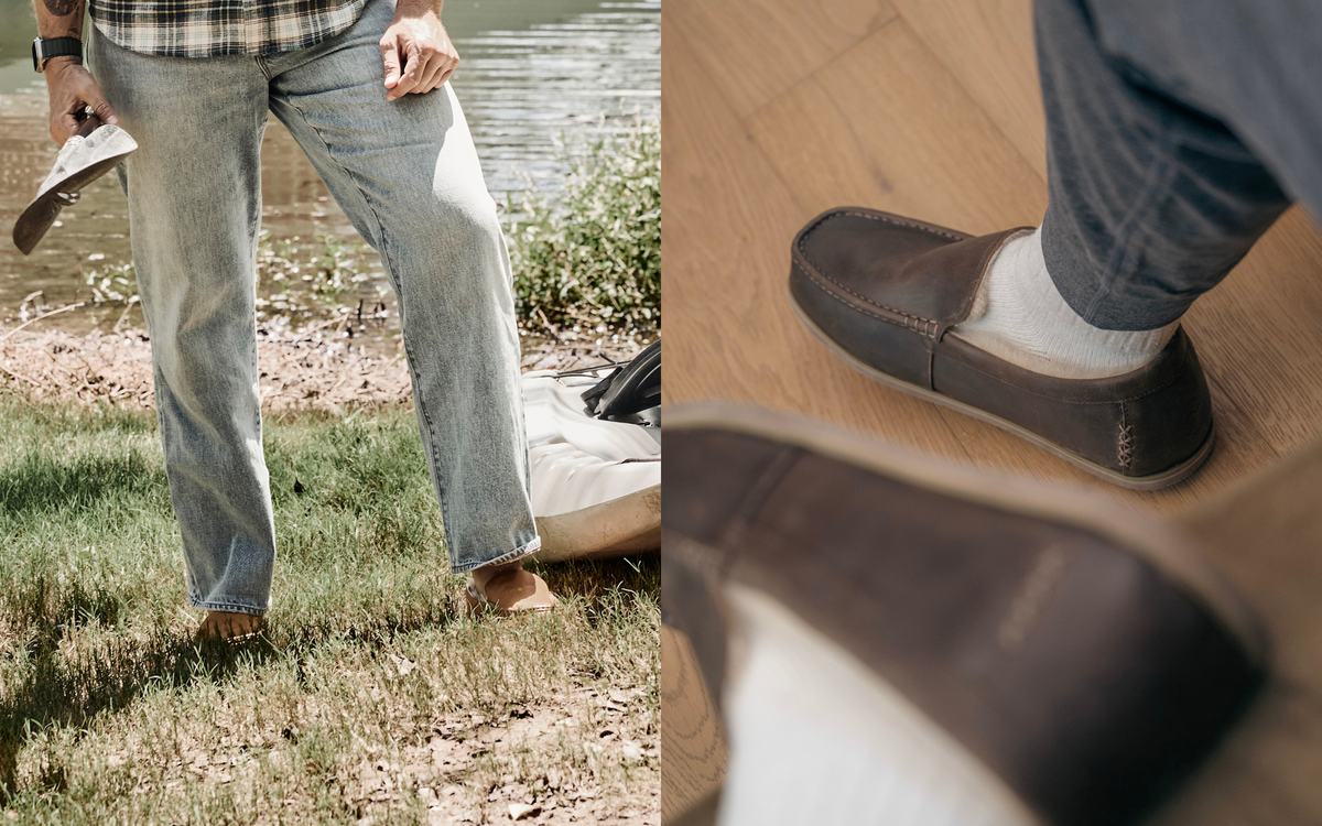 A split lifestyle photo showing a person outdoors by the water wearing light-wash blue jeans and brown suede slip-on shoes, with a close-up of the shoe on the right.