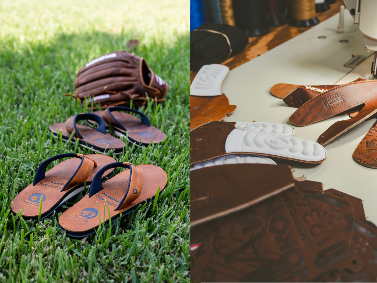 A split image showing handmade brown leather flip-flops on green grass on the left, and a close-up of a leatherworking station with cut and shaped leather pieces on the right.