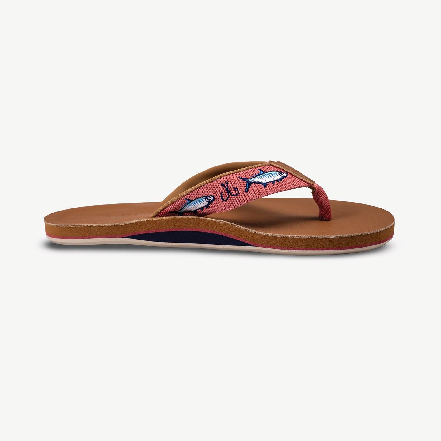 Red Shep x Hari Mari men's leather flip flops with fish and fish hooks