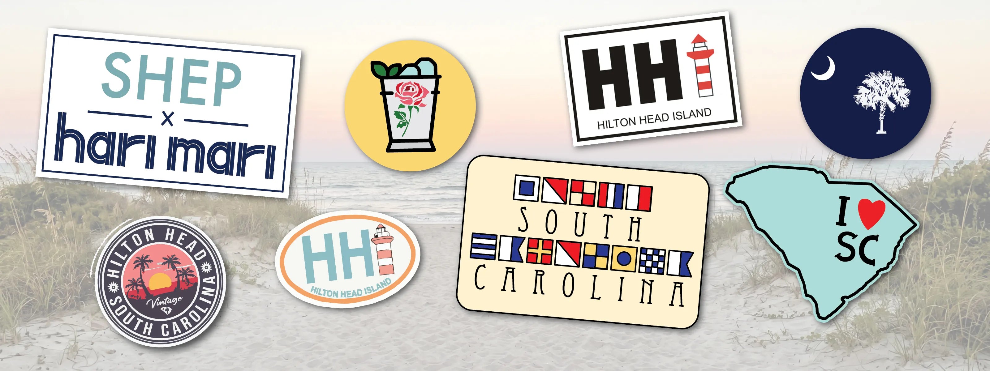 South Carolina themed stickers on a beach background