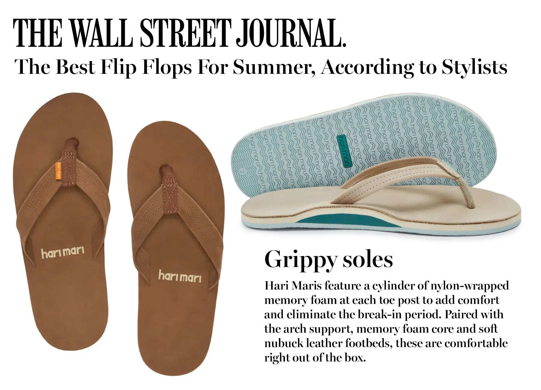 Hari Mari press mention from The Wall Street Journal, highlighting men's and women's flip flops with grippy soles.
