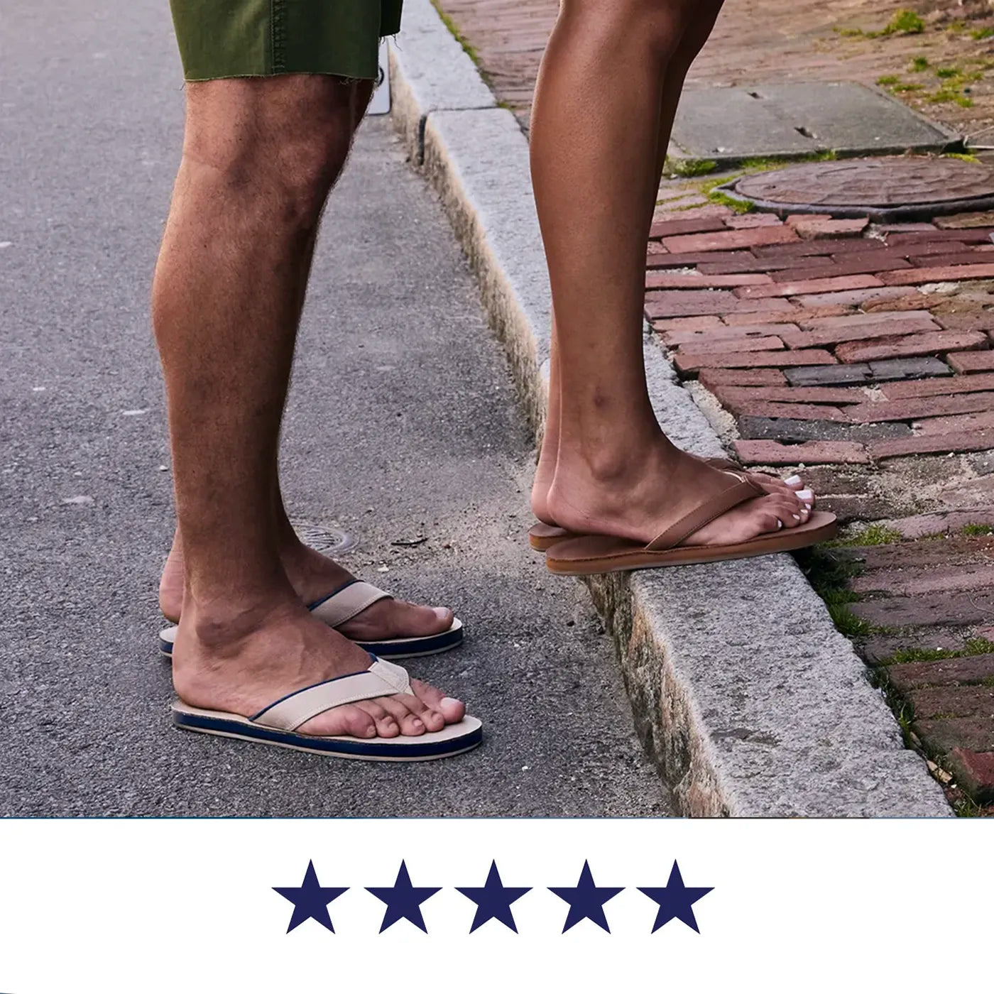 A man and a woman, both wearing Hari Mari flip flops, standing on a sidewalk