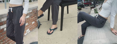 Video Compilation of a woman wearing joggers walking around the streets & grabbing coffee