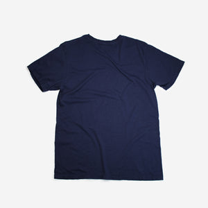 back of navy tee shirt with white chest graphic