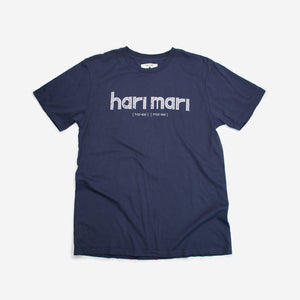navy tee shirt with white chest graphic