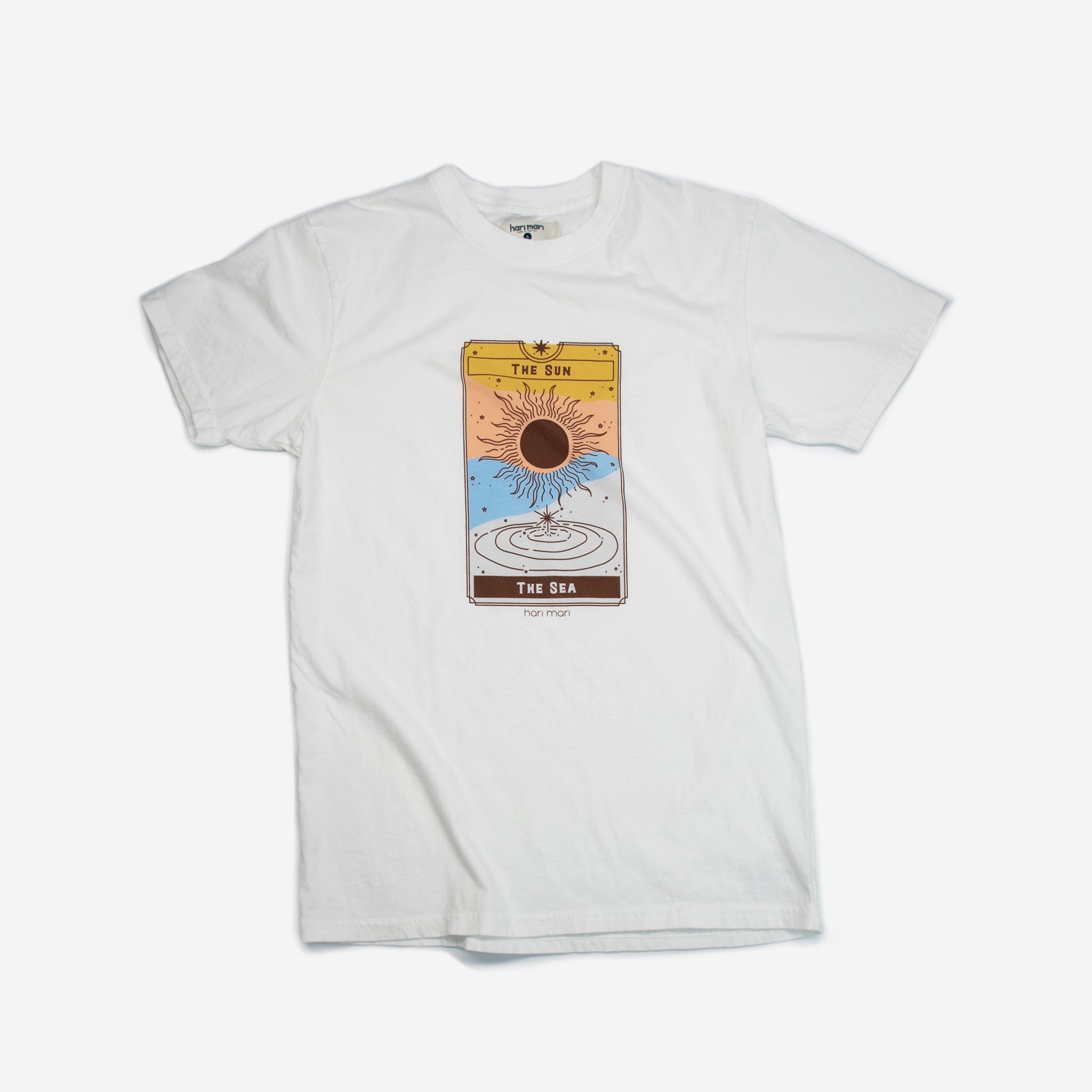 white tee shirt with colorful chest graphic