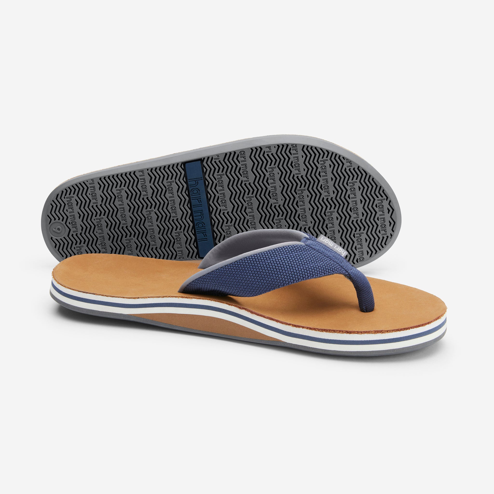 navy and gray leather flip flops from Hari Mari with blue midsole stripe - The Scouts