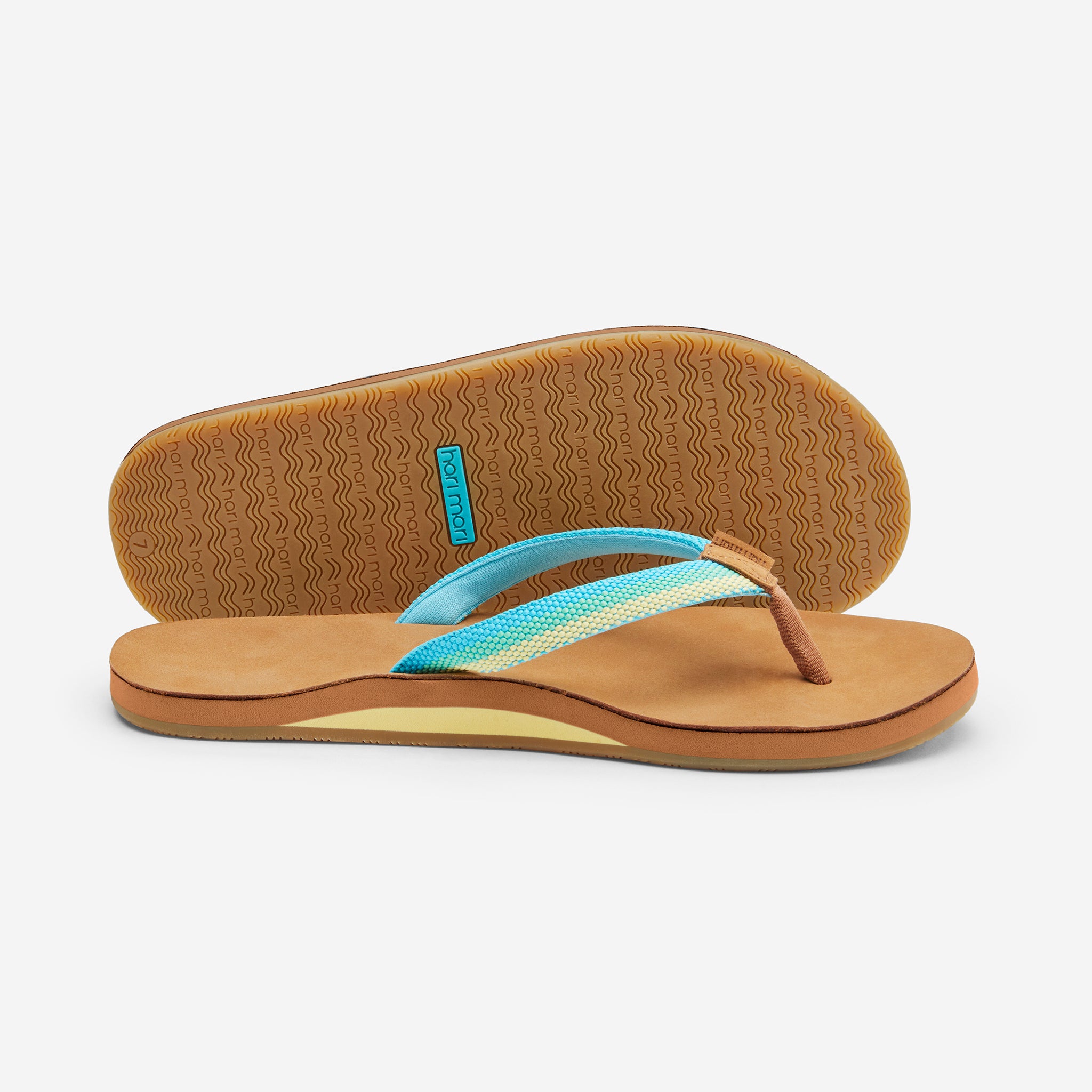 leather flip flop sandals from Hari Mari with blue green and yellow stripe on strap