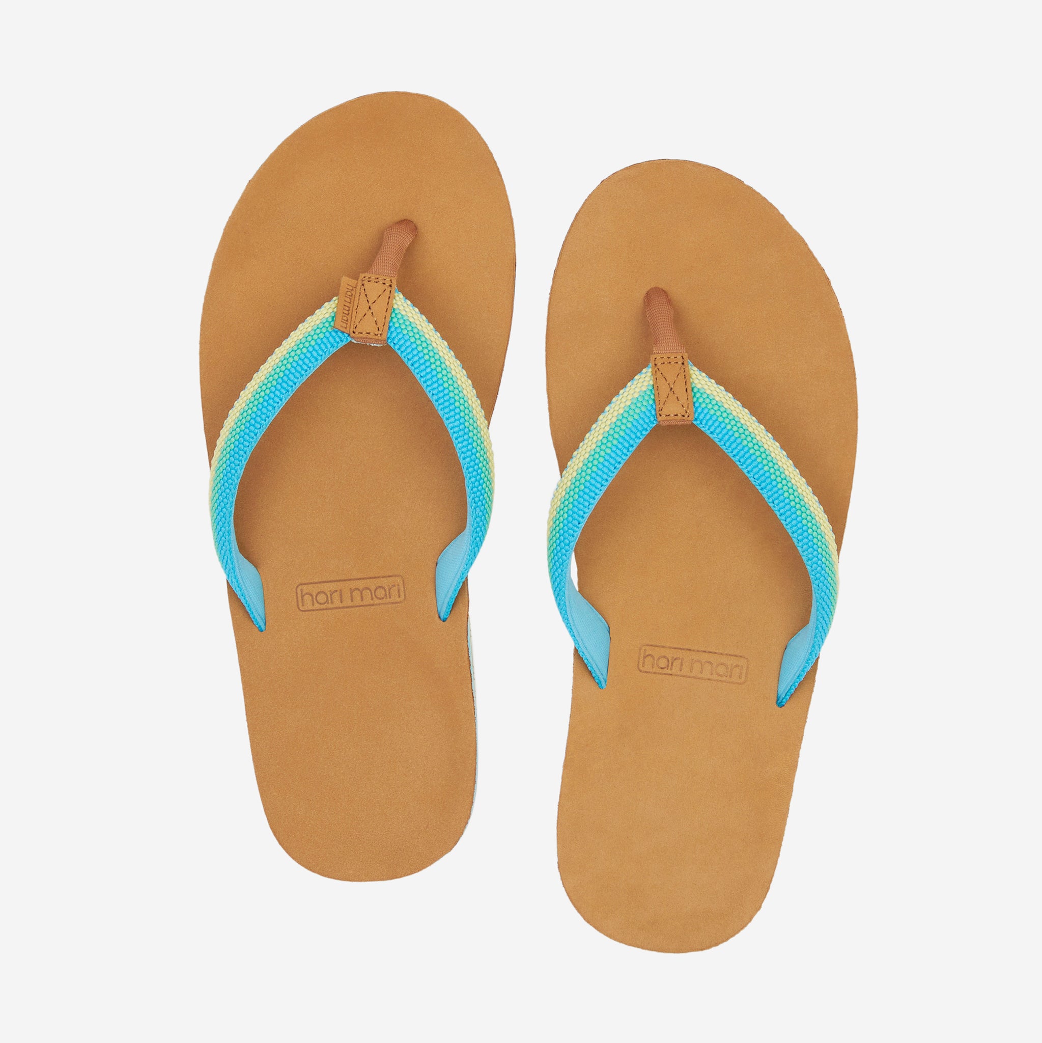leather flip flop sandals from Hari Mari with blue green and yellow stripe on strap