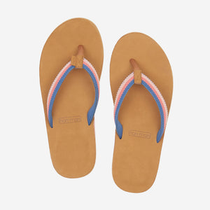 women's tan leather flip flops with colorful straps