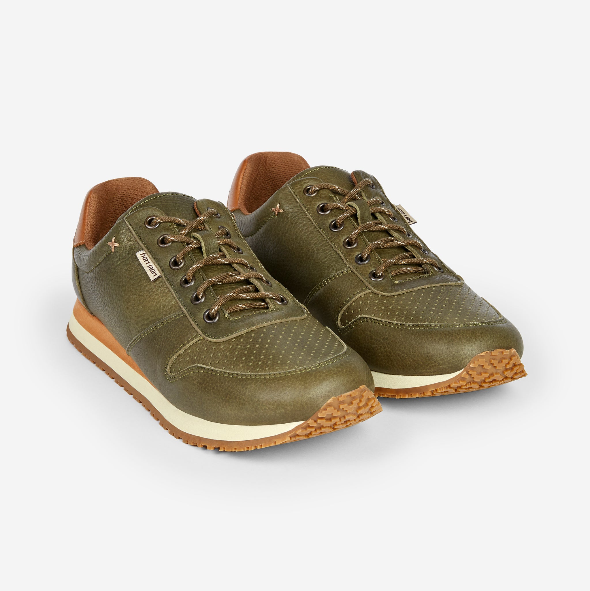 Forest green genuine leather Dos Santos LX Retro Runners on white background