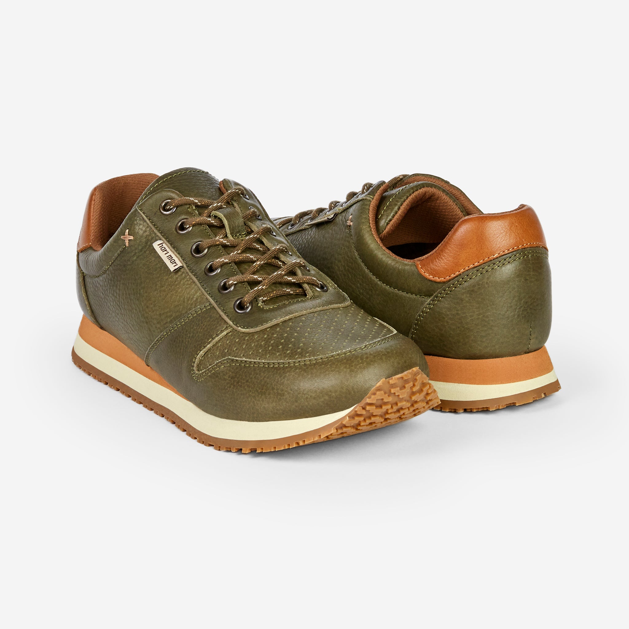 Forest green genuine leather Dos Santos LX Retro Runners on white background