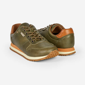 Forest green genuine leather Dos Santos LX Retro Runners on white background