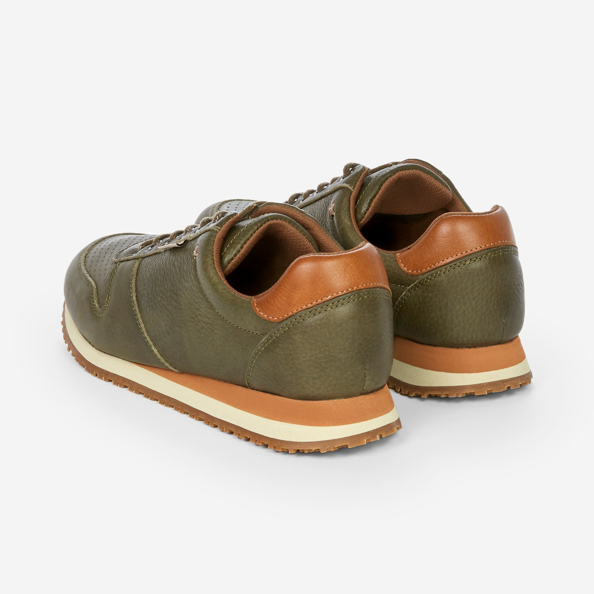 Back heel side of Forest Green Dos Santos LX Runners shows brown leather heel detail