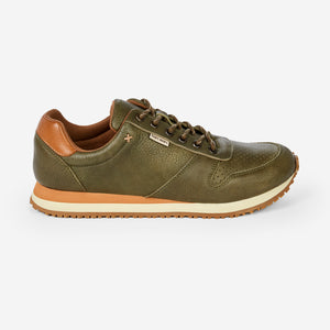 Side profile of Forest green genuine leather Dos Santos LX Runners 