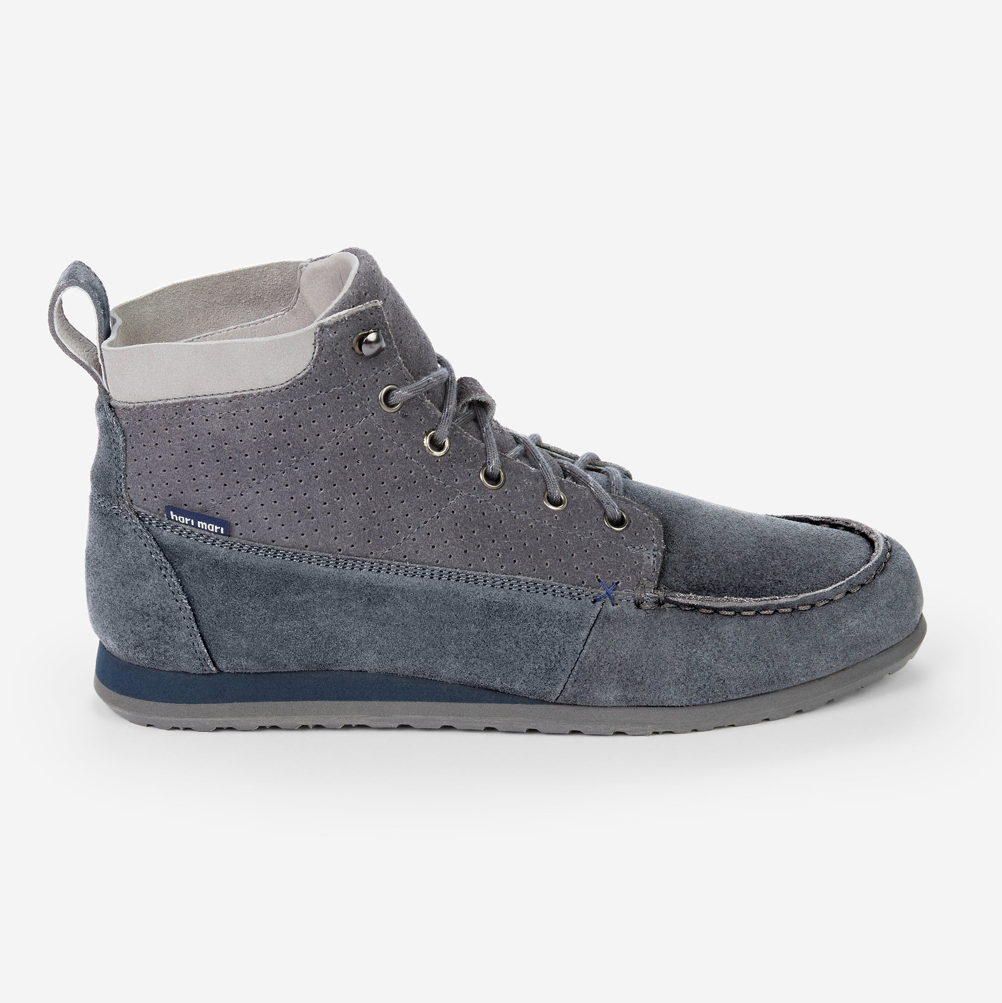 side profile of Hari Mari waxed suede canyontrek chukka in charcoal on white background