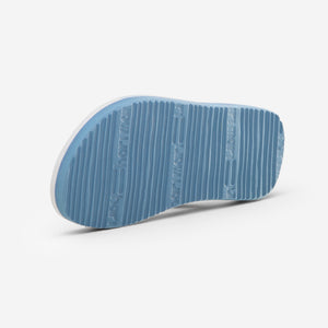 Hari Mari meadows asana kids flip flops in dusty blue/multi colors showing bottom of shoe rubber outsole on white background