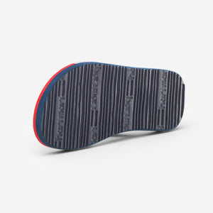 Hari Mari meadows asana kids flip flops in navy/red/lily showing bottom of shoe rubber outsole on white background 
