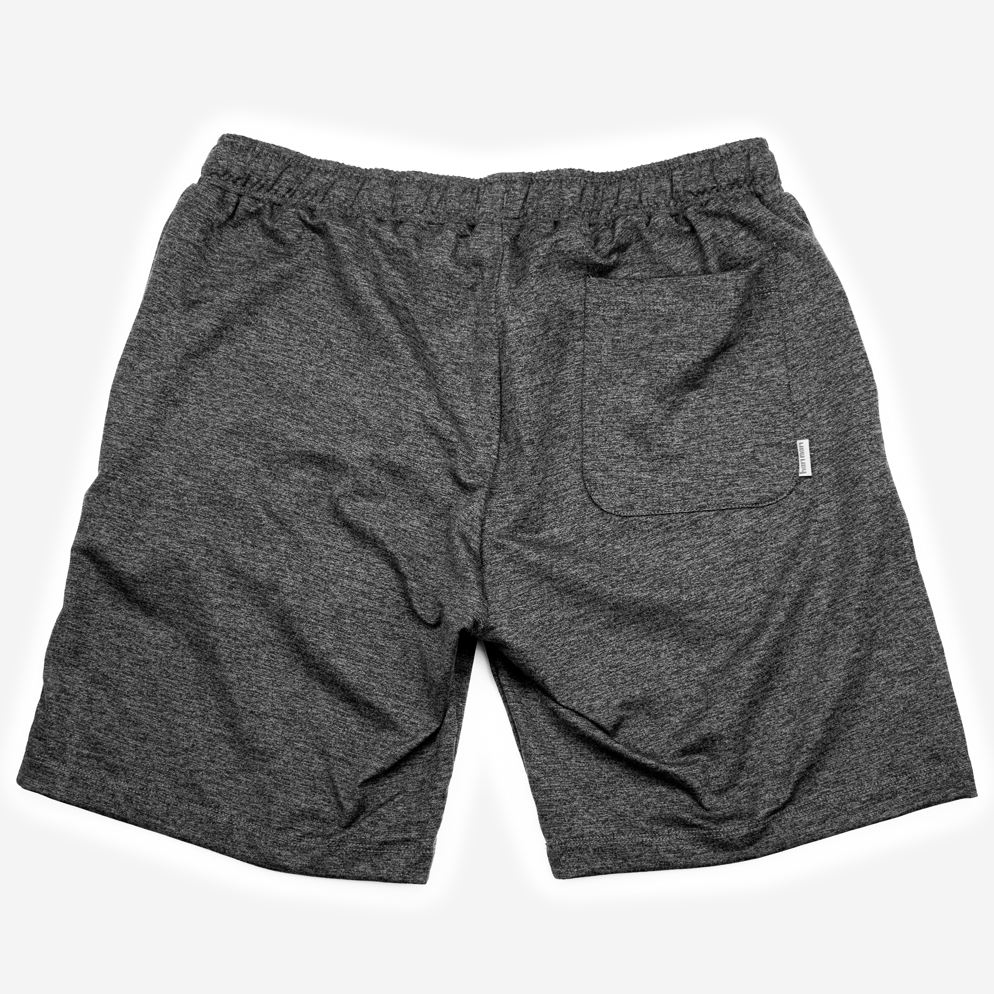 back of charcoal Hari Mari shorts on white background showing pocket
