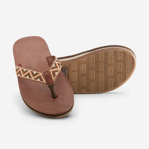 Hari Mari Men'a Fields Camino Flip Flops in chocolate/multi on white background showing flip flop and bottom of flip flop rubber outsole