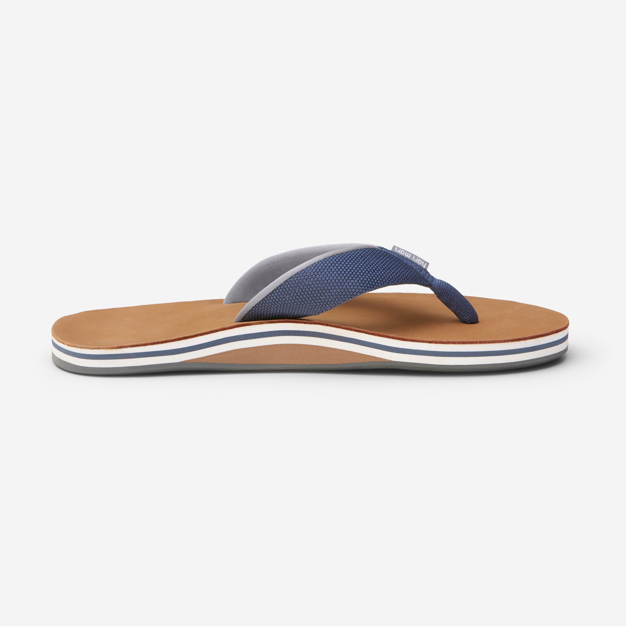 navy and gray leather flip flops from Hari Mari with blue midsole stripe - The Scouts