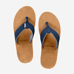 navy and gray leather flip flops from Hari Mari with blue midsole stripe - The Scouts