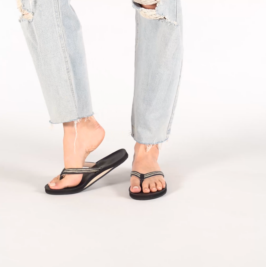 woman walking in black flip flops on a white background