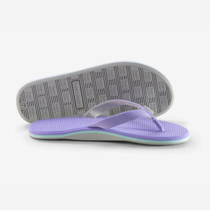 light purple and gray women's rubber flip flops on white background