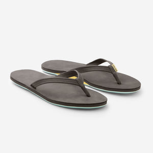 gray and teal women's leather flip flops on white background