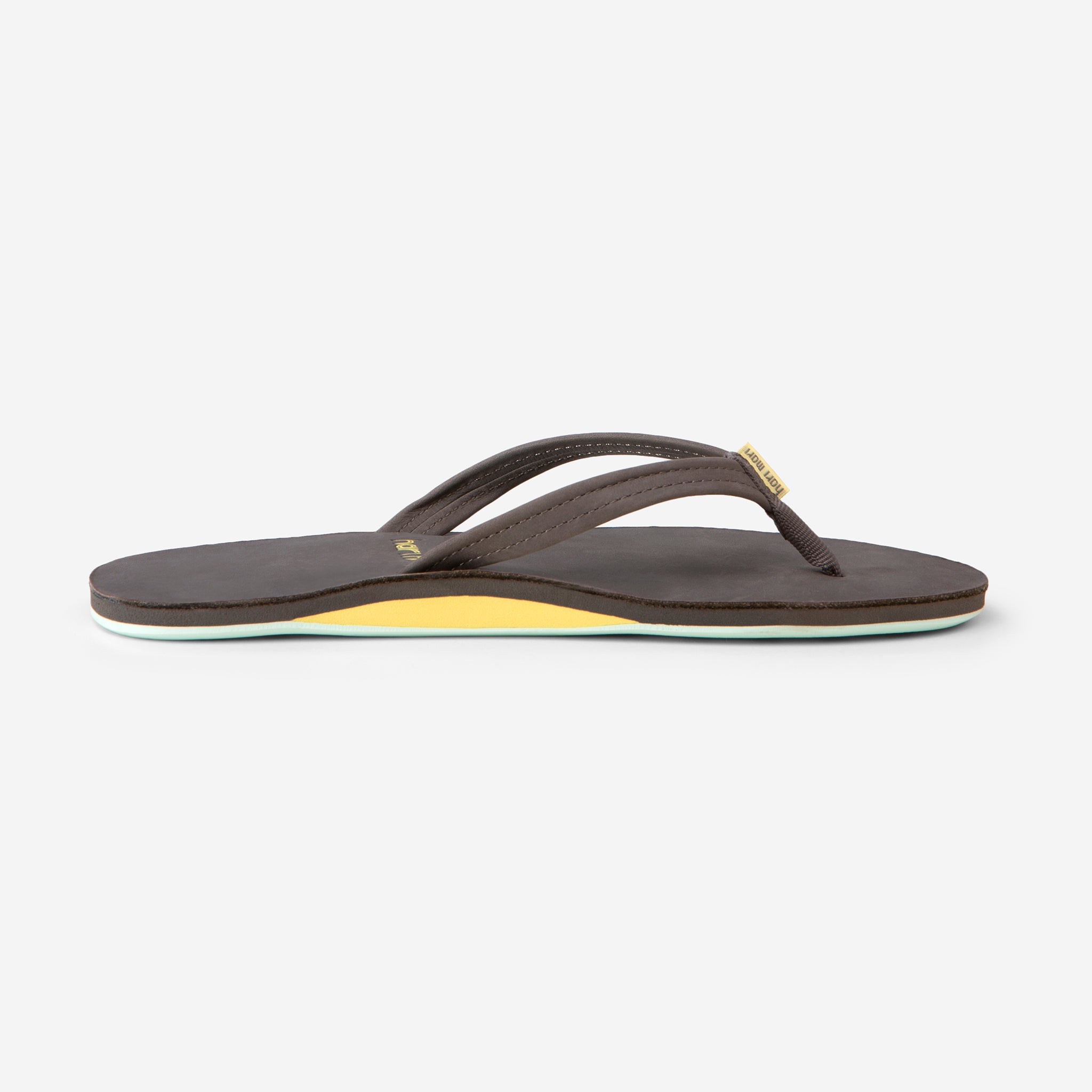 gray and teal women's leather flip flops on white background