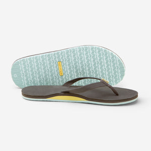 gray and teal women's leather flip flops on white background